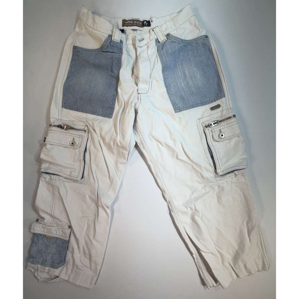 Johnny Blaze Cropped Pants White Blue Patchwork Cargo Mens 34 Y2K Streetwear
